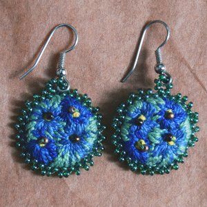 Handmade Blue & Green Cloth Beaded Earrings